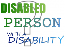 Text reading "Disabled person with a disability", overlaying a large question mark in the background.